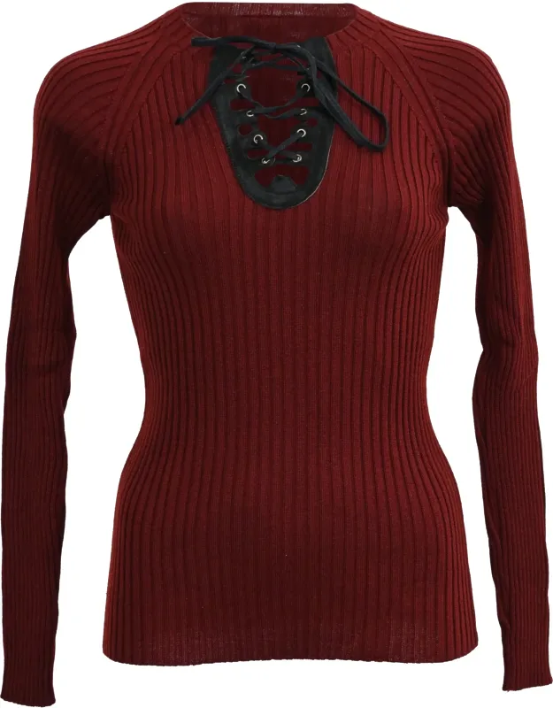 Ribbed-knit Lace-up Accent Sweater