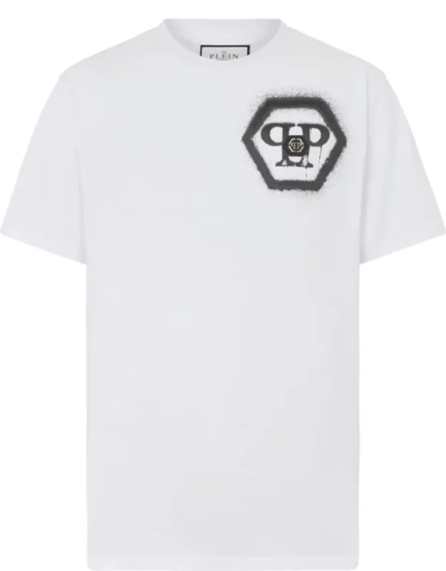 Round Neck T-shirt Spray Hexagon, Cotton Jersey, Rib Knit Neckline