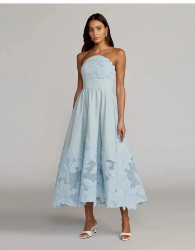 Strapless Floral Appliqué Midi Dress