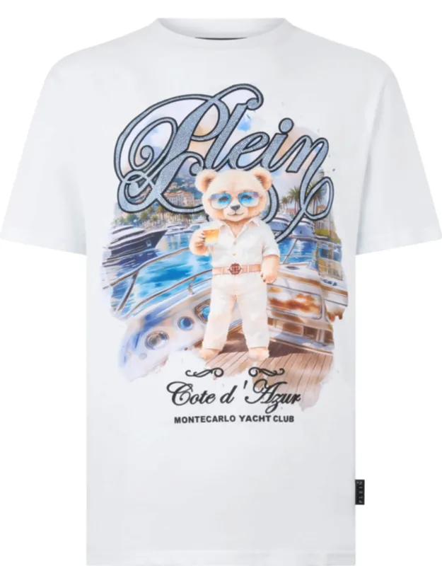 Round Neck T-shirt Yachting With Rhinestoned Pattern Print And Rib Knit Neckline