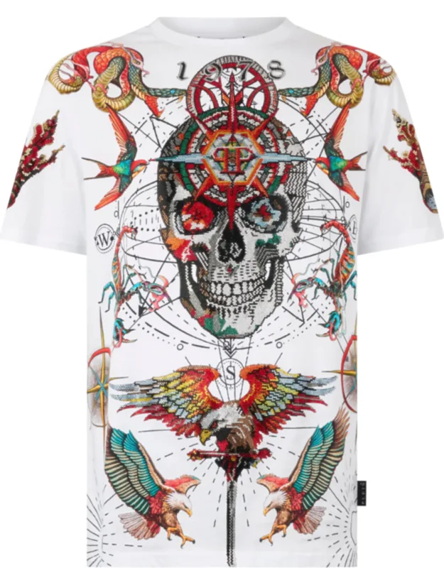 Round Neck T-shirt With Rhinestoned Pattern And Rib Knit Neckline