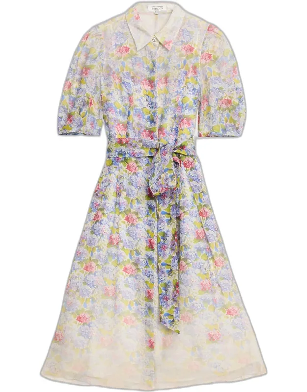 Silk Linen Print Puff-sleeve Dress