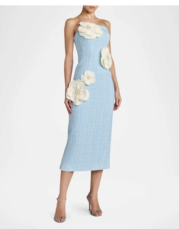 Floral Applique Boucle Strapless Midi Dress