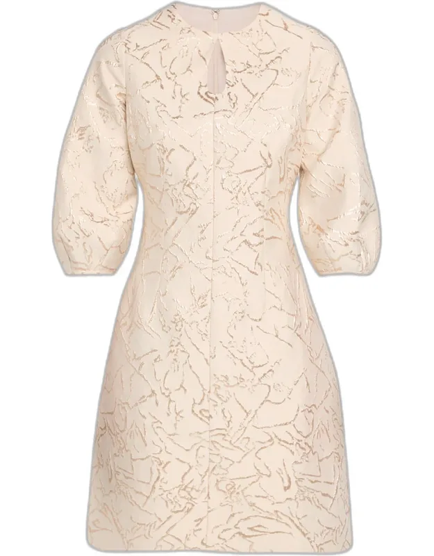 Cutout Puff-sleeve Metallic Jacquard Dress