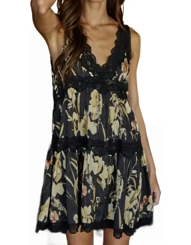 Printed Plunged Lace Detailed V-neck Slip Dress