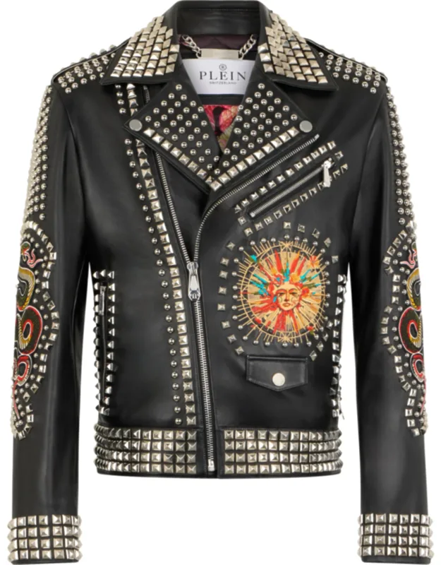 Vintage Leather Biker Jacket With Studs And Patches