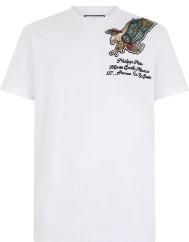 Round Neck T-shirt With Embroidered Patch And Rib Knit Neckline