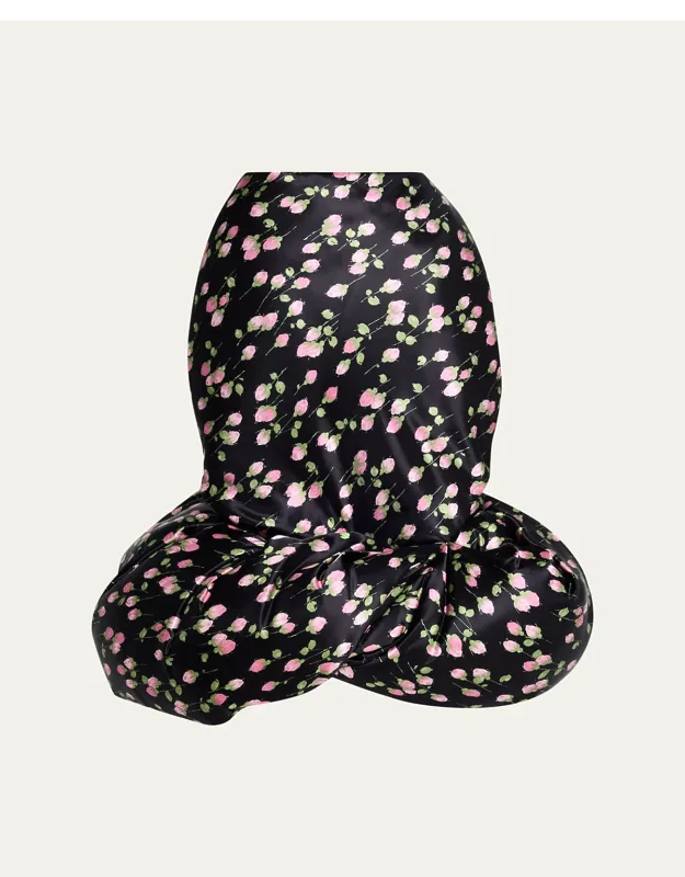 Rose Print Satin Bubble Hem Skirt