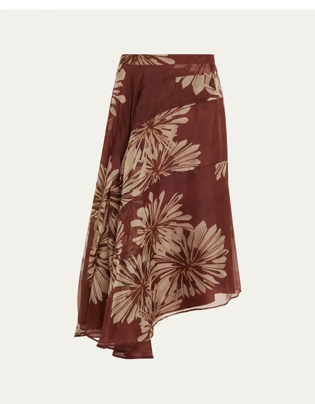 Asymmetric Dahlia-print Midi Skirt