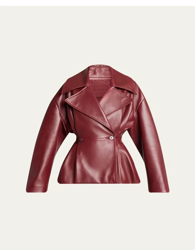 Pleated Leather Short Peplum Trench Coat