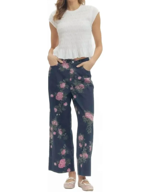 Floral Print Denim Pants
