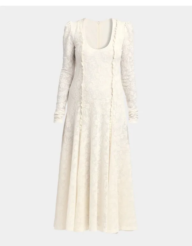 Ruffle Long-sleeve Wool Lace Maxi Dress