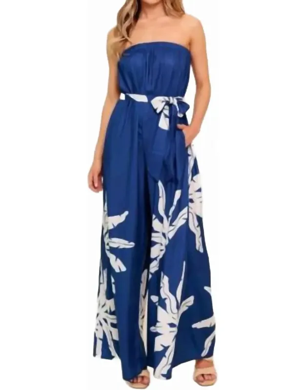 Tropical Strapless Wide Leg Jumpsuit