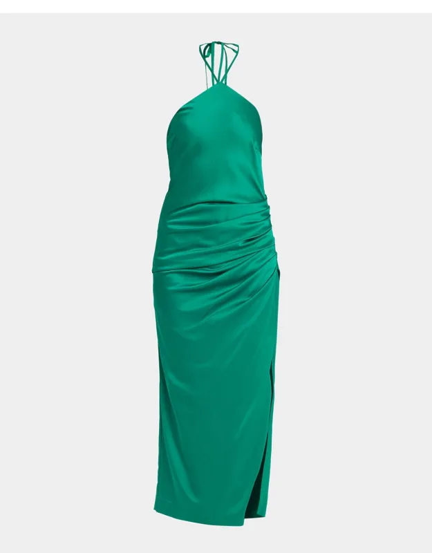 Ruched Satin Halter Maxi Dress