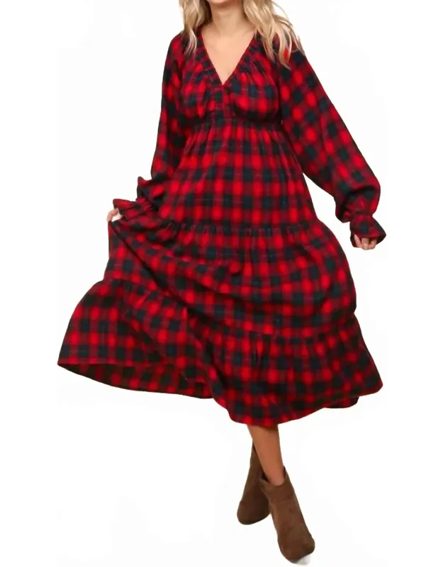 Plaid V Neck Tiered Dress