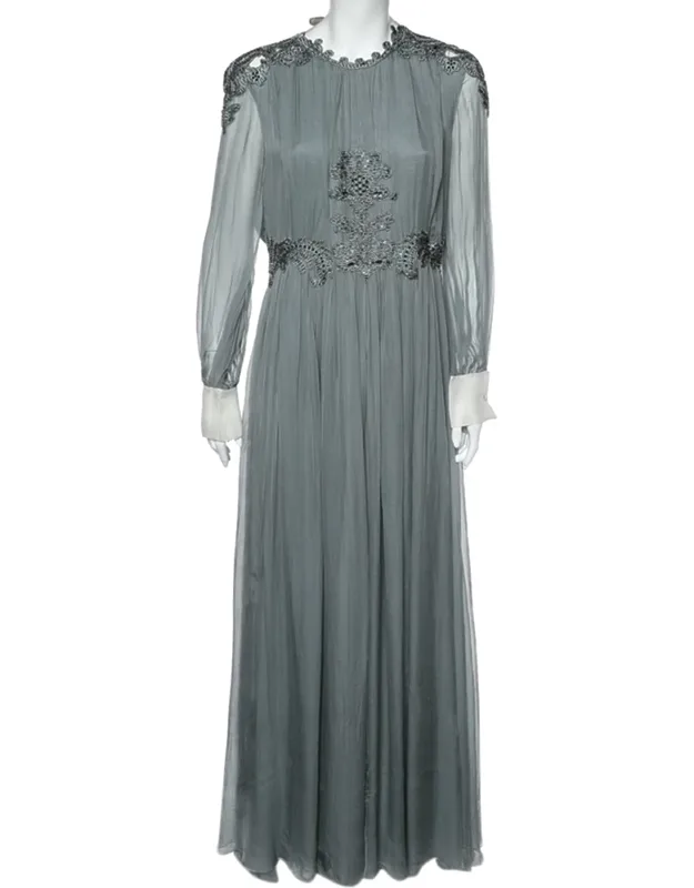 Crepe De Chine Silk Embellished Maxi Dress