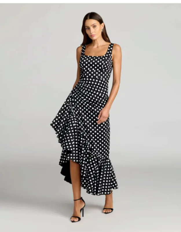 Sleeveless Polka Dot Midi Dress With Ruffled Hem
