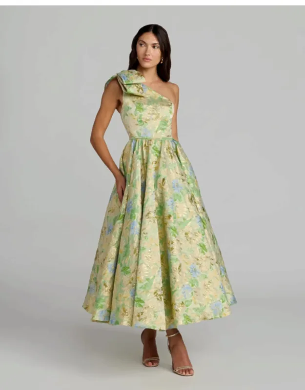 One Shoulder Brocade Midi Dress With Bow Detail