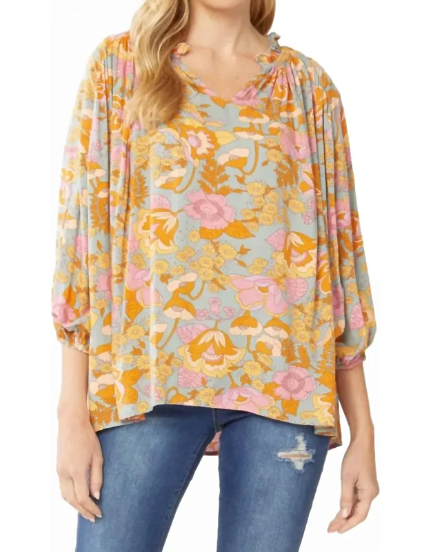 Honor Floral Top With Flattering V-neck And Three-quarter Length Sleeves
