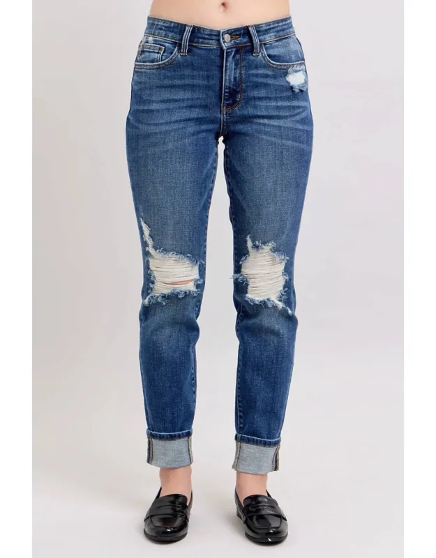 Distressed Knit Cuffed Jeans