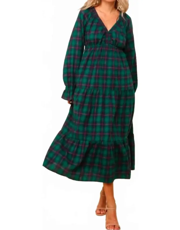 Plaid V-neck Long Dress