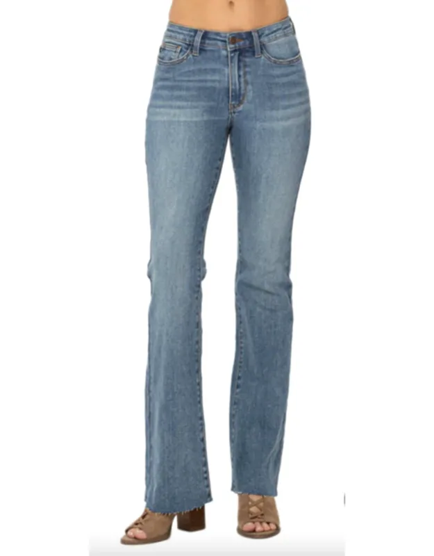 Tummy Control Mid Rise Cut Hem Flare Jeans