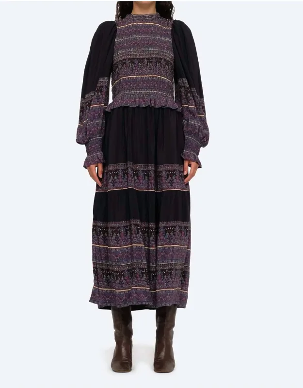 Adella Print Long Sleeve Smocked Dress