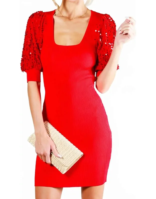 Ribbed Sequin Puff Sleeve Dress