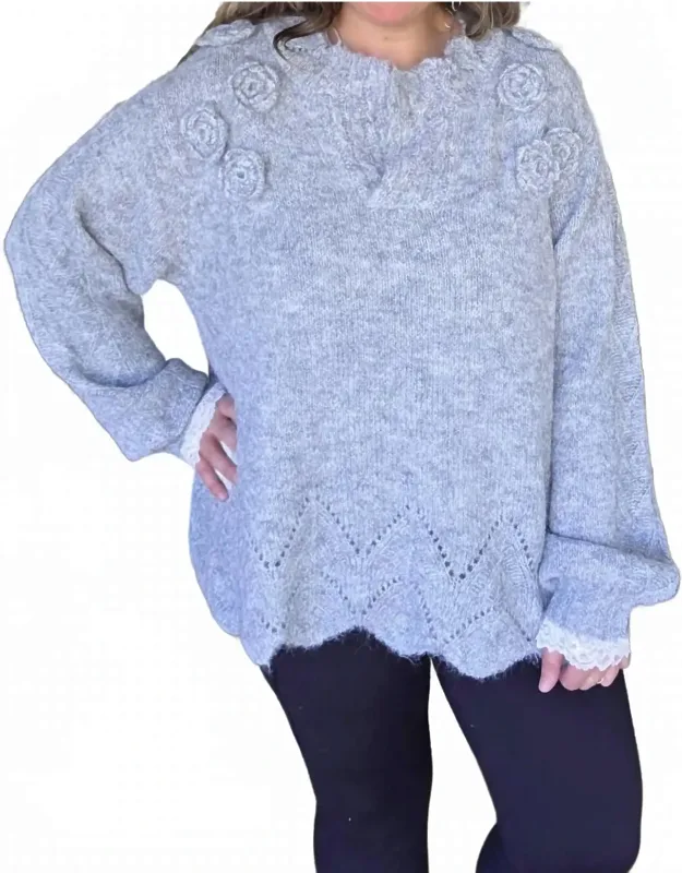 Floral Trim Sweater With Scallops And Lace Trim