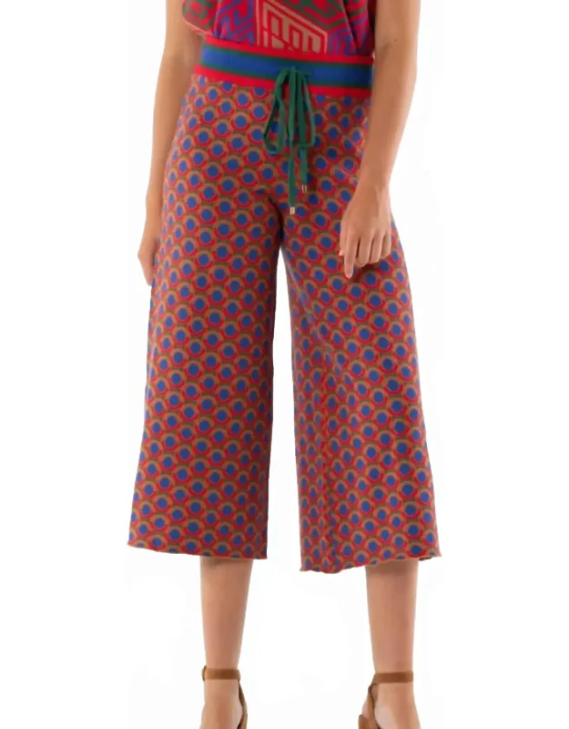 Teddy Crop Trouser In Circle Dots With High-rise Fit And Drawstring Waistband