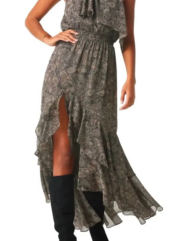 Aneva Front Slit Dress In Paisley Shimmer