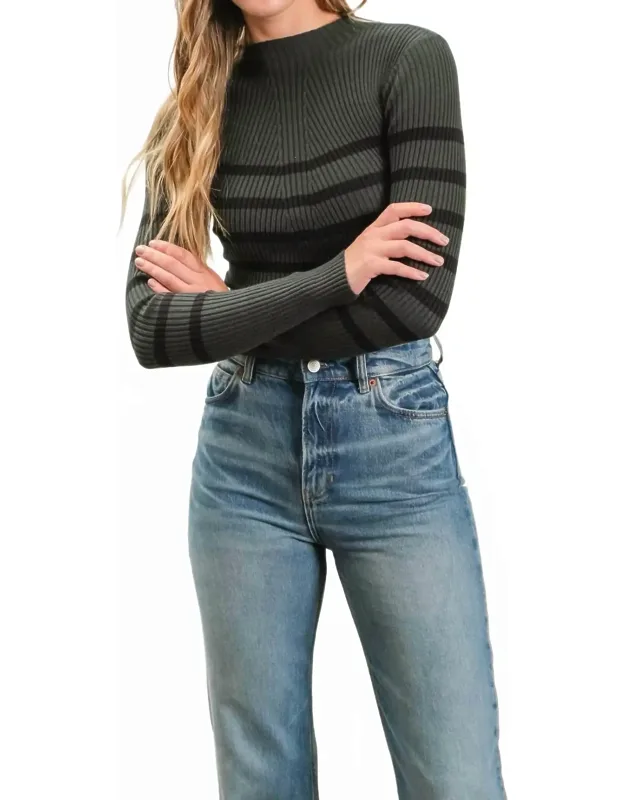 Stripe Mock Neck Long Sleeve Knit Sweater