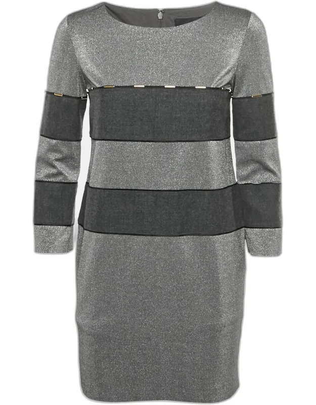 Metallic Grey Synthetic Knit And Wool Mini Shift Dress