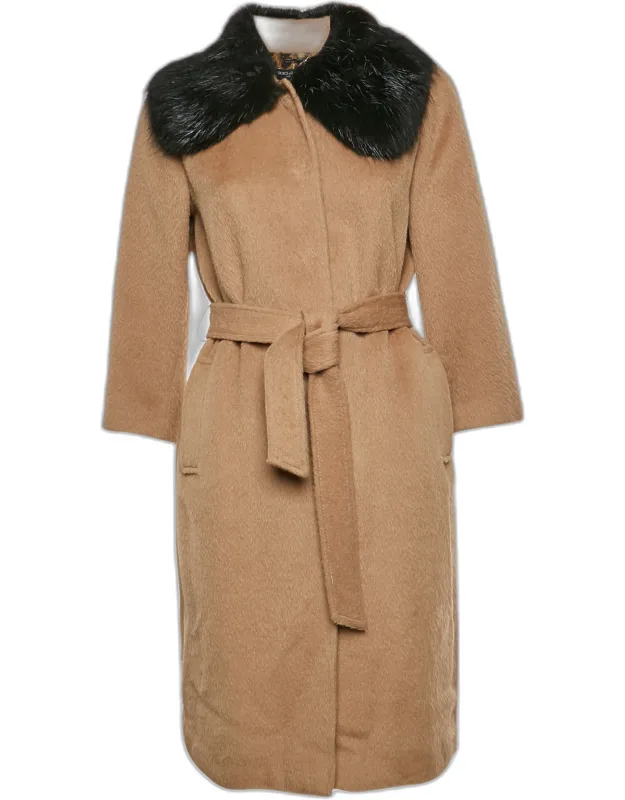 Wool Blend Fur Collar Belted Coat