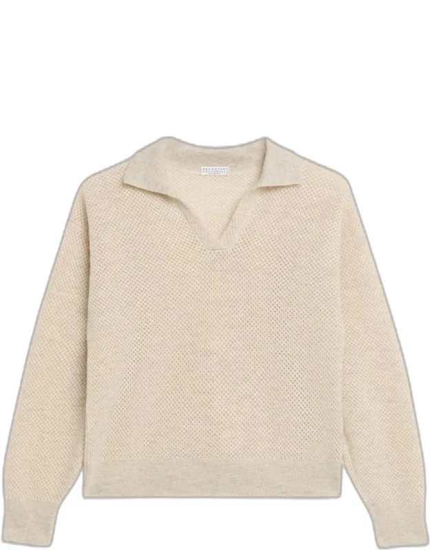 Shimmering Mohair Net Knit Polo Sweater