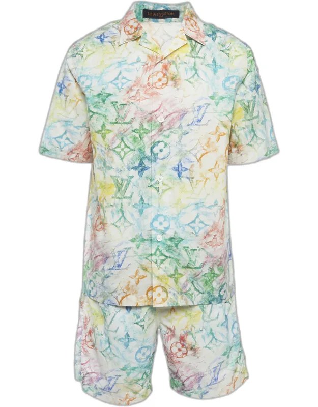 Multicolour Crayon Monogram Cotton Shirt And Swim Shorts Set