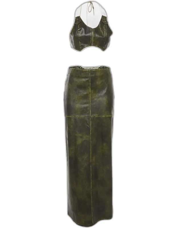 Faux Leather Lace Up Maxi Skirt And Top Set