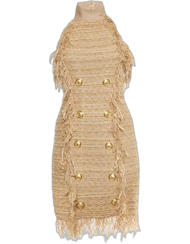 Tweed Fringed Bodycon Halter Neck Mini Dress