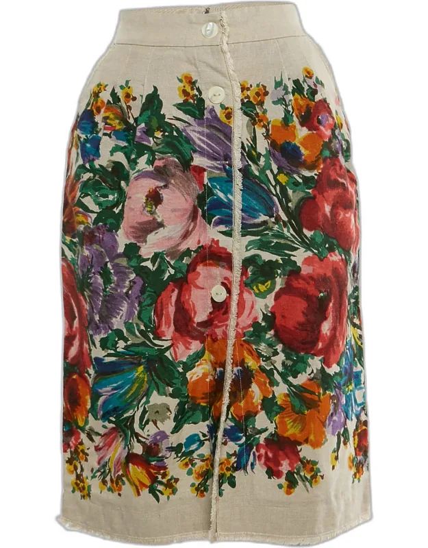 Floral Print Linen Zip Up Knee Length Skirt