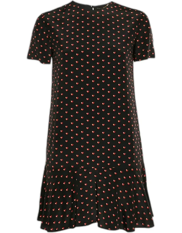 Heart Printed Silk Ruffled Hem Mini Dress