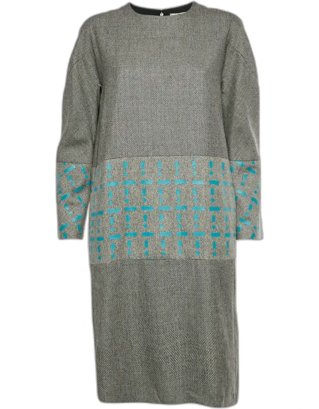 Abstract Print Wool Jacquard Long Sleeve Shift Dress