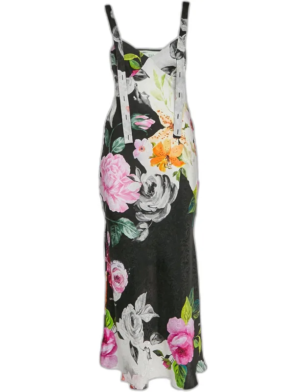 Floral Print Silk Strappy Midi Dress