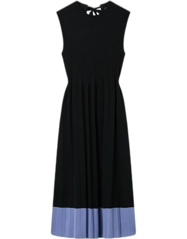 Pleated Contrast-hem Knit Midi Dress