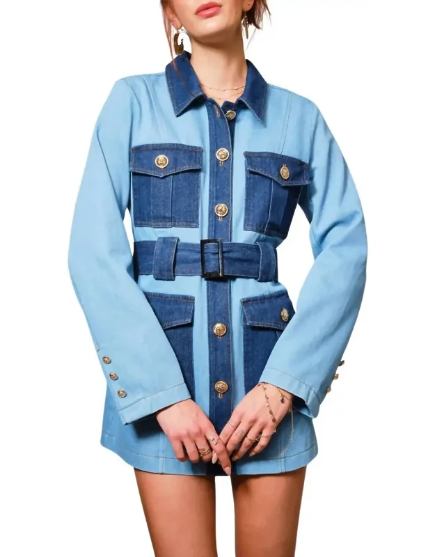 Two Tone Belted Denim Twill Dress