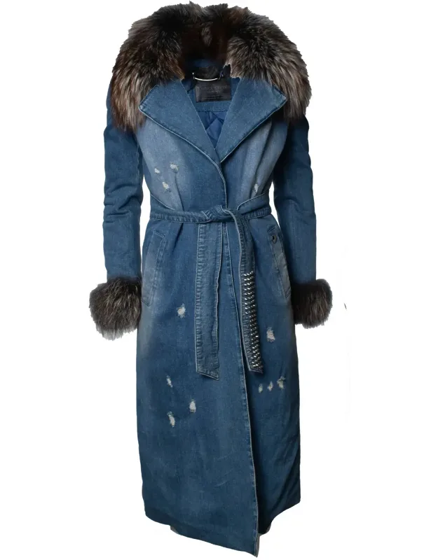Denim Trench Coat With Fur Collar