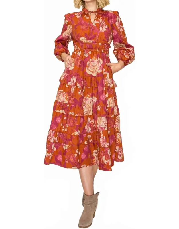 Rustic Rose Print Midi Dress