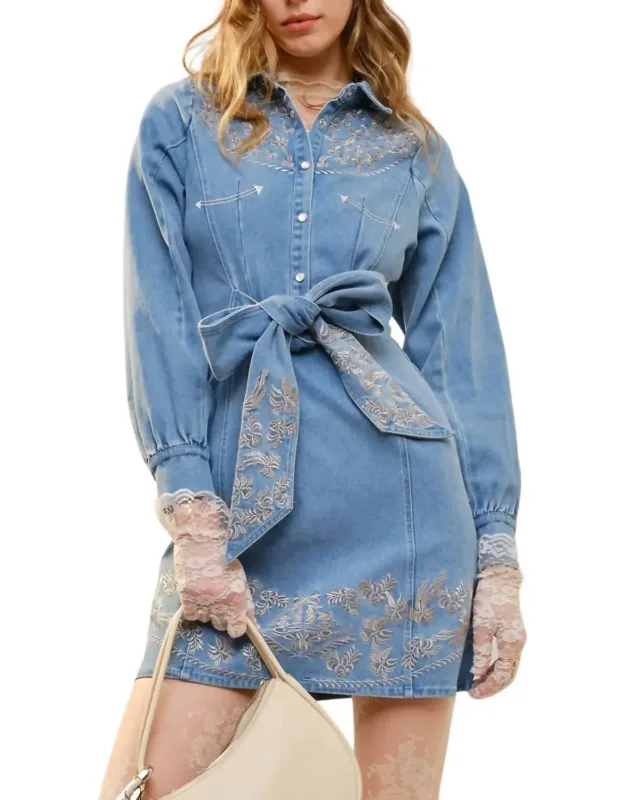 Embroidery Self Tie Denim Dress