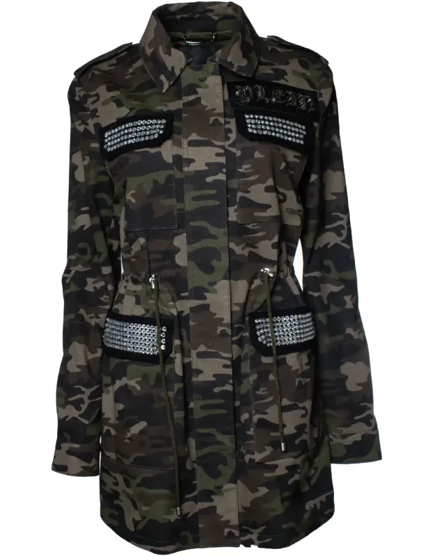 Camo Printed Parka With Crystals