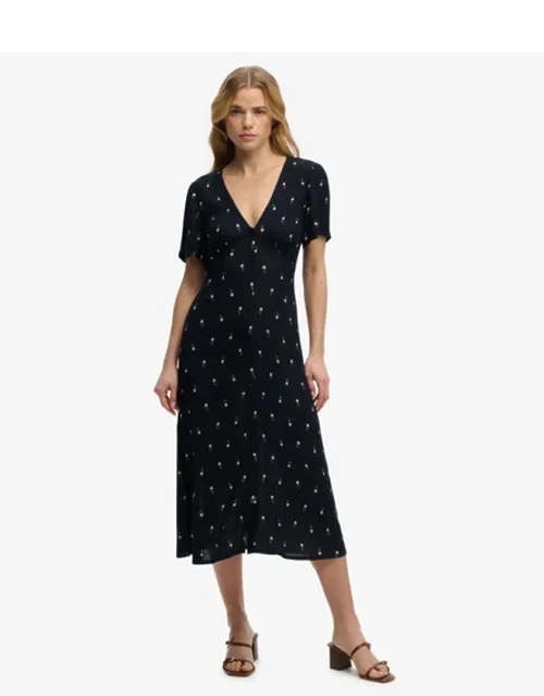 Printed Button Short Sleeve Midi Tea Dress