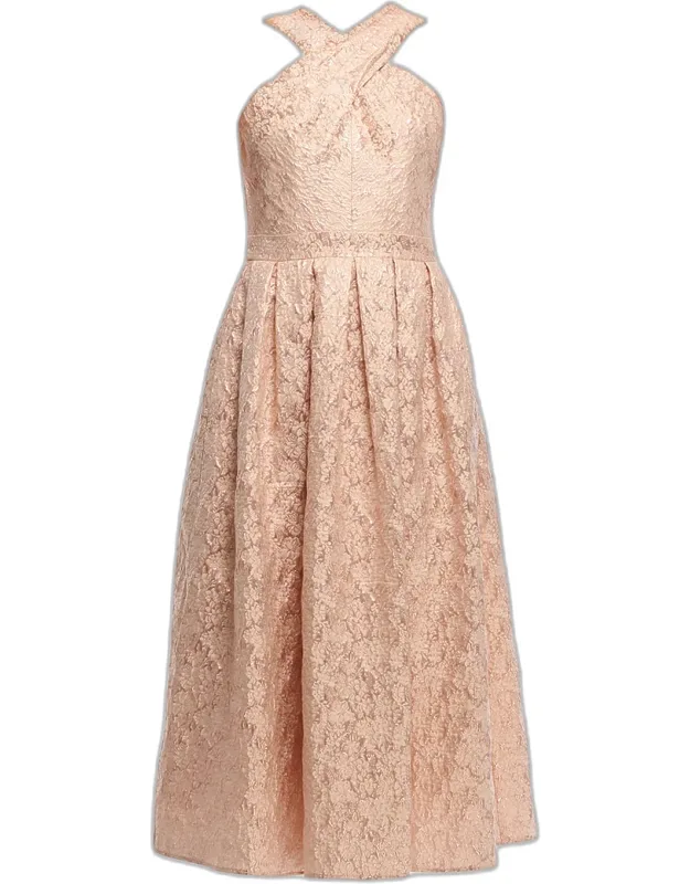 Pleated Metallic Jacquard Midi Dress